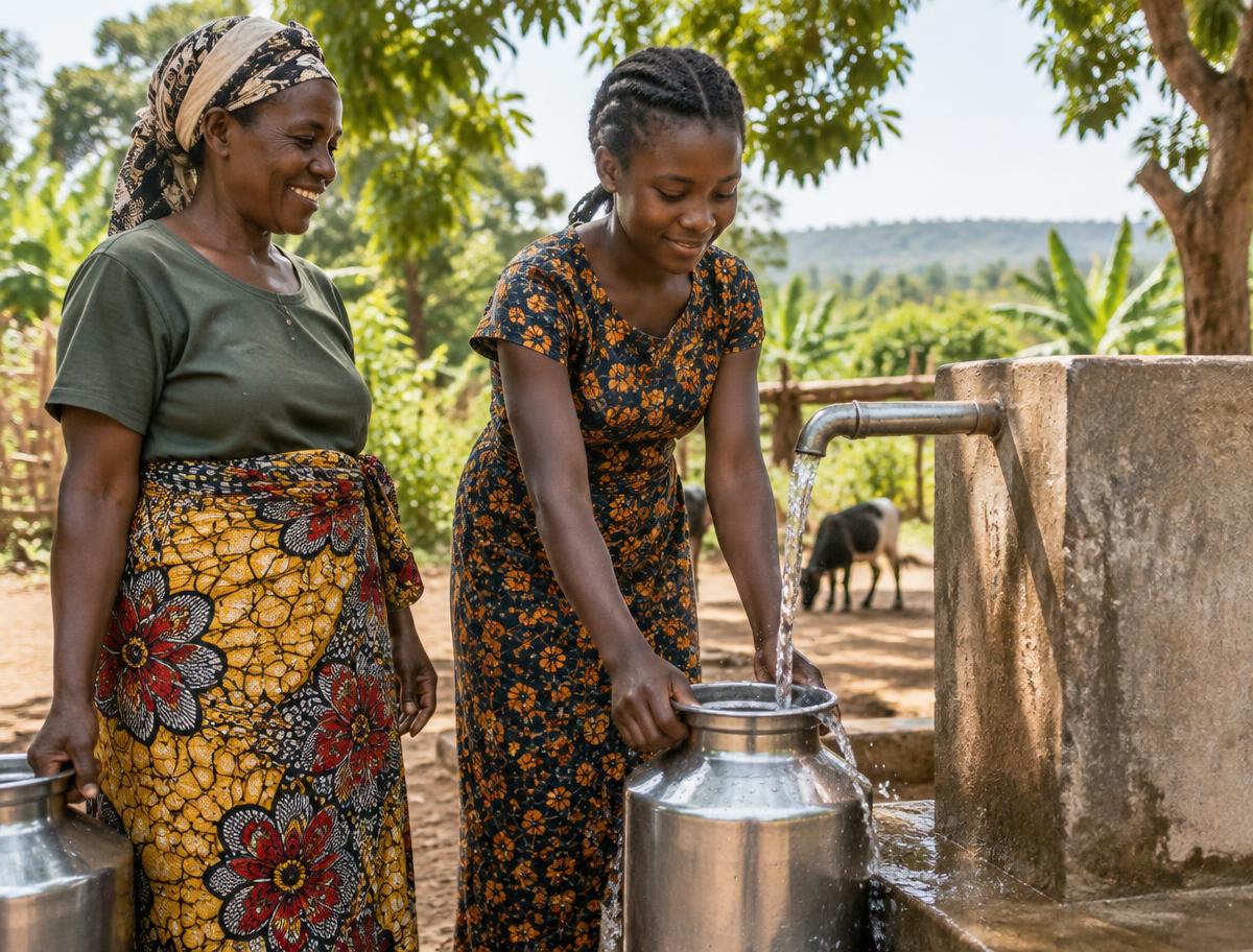 Illustration of a woman and girl collecting clean water
